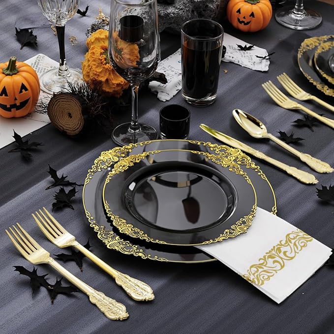 Hioasis 175pcs Black and Gold Plastic Plates - Elegant Disposable Dinnerware Set Suitable for 25 Guests Include 10.25" Dinner & 7.5" Dessert Plates, Cutlery, Napkins, Cups for Party & Halloween