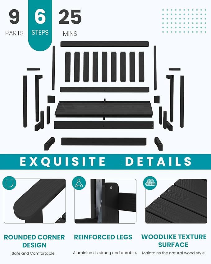 SERWALL Outdoor Glider Bench Set of 2, HDPE Weather-Resistant Swinging Bench for Backyard Garden Porch, Black