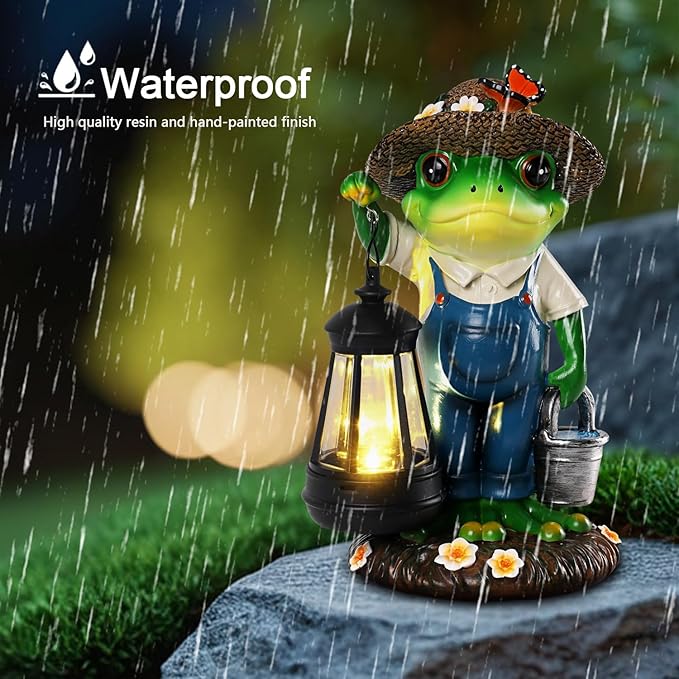 Solar Garden Decor - Frog Statues with Lantern 9" Resin Solar Frogs for Outdoors Patio Yard Porch Lawn Balcony Decor Ideas Animal Lover Gardening Gifts for Women Mom Wife