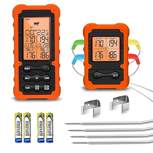 Grill Smoker BBQ Cooking Food Thermometer Oven Safe - Digital Wireless Meat Thermometer for Grilling Smoking with 4 Probes - Kitchen Baking Steak Turkey Candy Thermometers, not for Medical Purposes