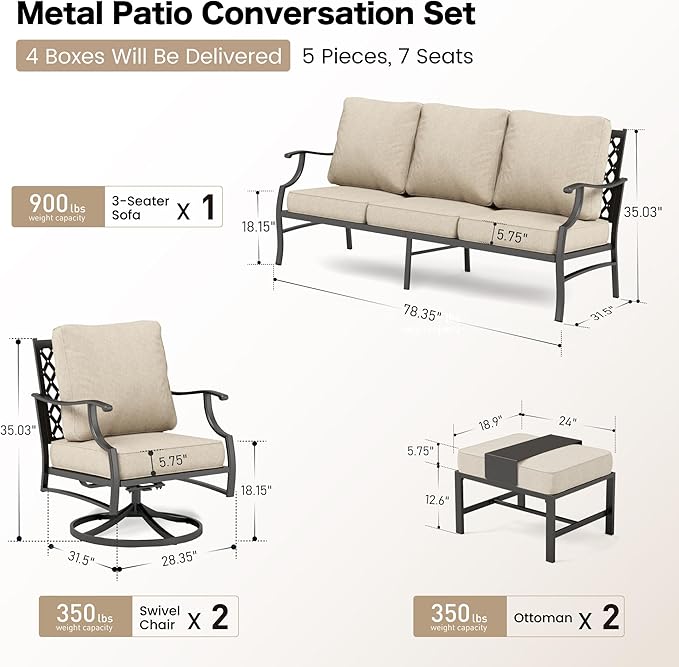 Patio Furniture Set, Modern Metal Outdoor Patio Furniture, 3 Seater Sofa, 2 Swivel Chairs, 2 Ottomans and 5.75" Extra Thick Cushion, Patio Conversation Set for Garden Backyard Deck