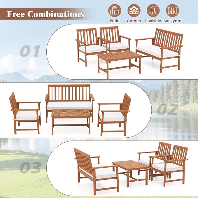 Tangkula 4-Piece Acacia Wood Patio Conversation Set, Outdoor Furniture Set with 2 Armchairs, Loveseat, Coffee Table, Soft Cushions, Slatted Sofa and Chairs Set for Deck, Backyard (Off White,2)