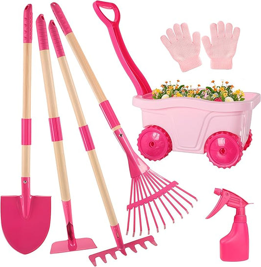 Duckura Kids Gardening Tools Set - 7pcs Wheelbarrow Set for Kids with Shovel, Rake, Leaf Rake, Summer Outdoor Yard Digging Weed Toys, Halloween Birthday Gifts for Boys Girls Age 2 3+ Years Old(Pink)