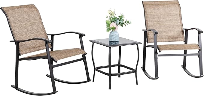 Vongrasig 3 Piece Outdoor Rocking Bistro Set, Textilene Fabric Small Patio Furniture Set, Front Porch Rocker Chairs Conversation Set with Glass Table for Lawn, Garden, Balcony, Poolside (Brown)