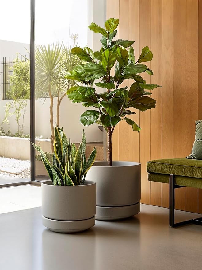 LE TAUCI Large 14 Inch Plant Pot with Saucer | Ceramic Outdoor & Indoor Big Planter Pot | Drainage Hole, Mesh Pad & Plug | Unglazed Porous | Modern Minimalist for Home and Patio – Neutral Gray