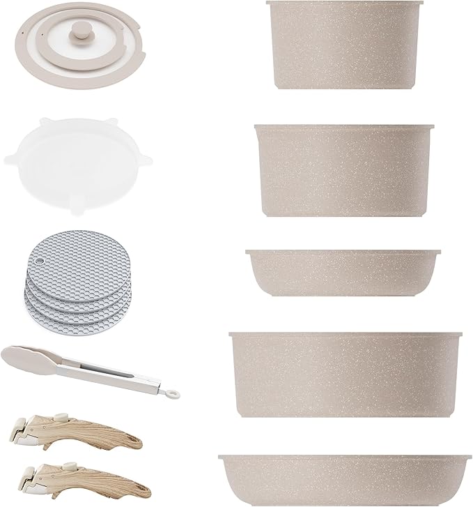 Caannasweis Detachable Nonstick Cookware Set - Stackable Induction Pots and Pans With Removable Handles, Dishwasher Safe - For RV Camping, Oven and Stovetop Use, 5 Pieces (Brown)