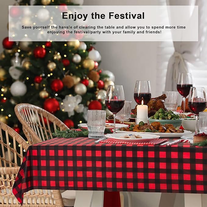 6 Pack Red and Black Checkered Tablecloth, Red Plastic Table Cloths for Parties Disposable, 54 x 108 inch Waterproof Red and Black Gingham Camping Tablecloth for Birthday, Party, Christmas