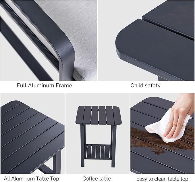 6 Piece Aluminum Patio Set with Swivel Rocking Chairs，All-Weather Outdoor Sofa, Deck Porch Furniture (Dark Grey)