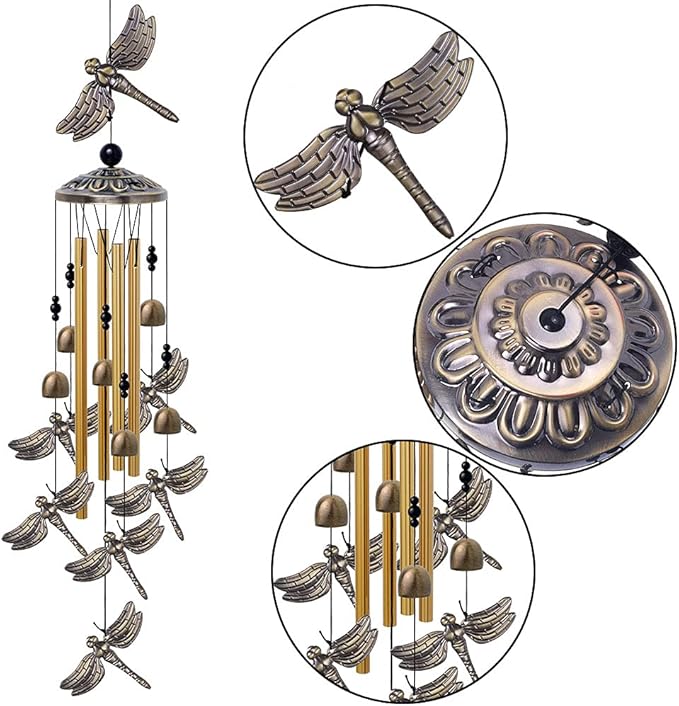 Garden Dragonfly Wind Chimes Outdoor Decor - With 4 Tubes 6 Bells 7 Dragonflies Mobile Romantic Wind Catcher, Dragonfly Windchimes for Home, Xmas Mom Gifts, Festival, Balcony, Garden Decoration