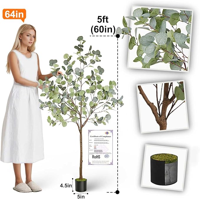 Aveyas 5ft Artificial Eucalyptus Tree for Home Decor, 5 Feet Large Faux Floor Plant Fake Silk Trees with Pot for Indoor Outdoor House Living Room Office (5 ft Tall)