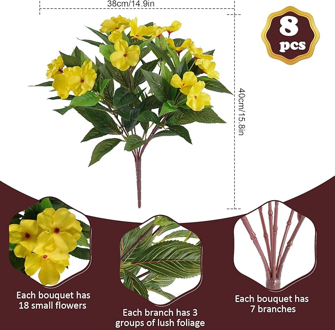 Artificial Flowers for Outdoors Silk Impatiens Flowers Faux Flowers Impatien Bushes Artificial Impatiens for Pot Patio Lawn Garden Hanging Basket Porch Decor (8, Yellow)