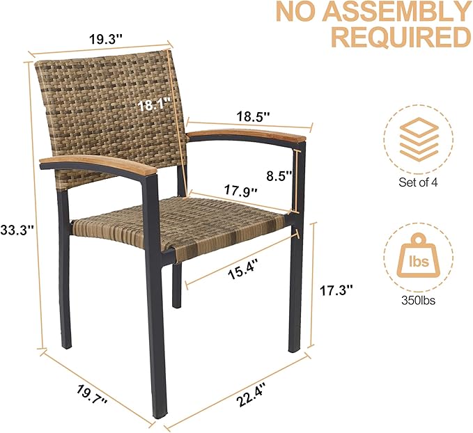 TRY & DO Patio Dining Chairs Set of 4,Outdoor Wicker Stackable Dining Chairs with Wooden Armrest PE Rattan Aluminum Frame Patio Furniture Sets for Garden, Balcony, Lawn and Indoors (Brown)