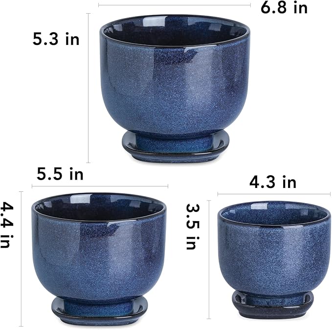 vicrays Ceramic Plant Pots Indoor - 6.8/5.5/4.3 Inch Planter Pot with Drainage Hole and Saucer for Succulent Orchid Flower Herbs Cactus - Gardening Home Desktop Office Decor – Set of 3 Blue