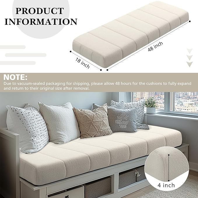 Wenqik Bench Cushion 48x18x4 Inch for Indoor Outdoor Furniture Tufted Thicken Bay Window Seat Cushion Non Slip Waterproof Dining Piano Bench Pad Pillow Anti Cat Scratch for Patio Porch Swing, Beige