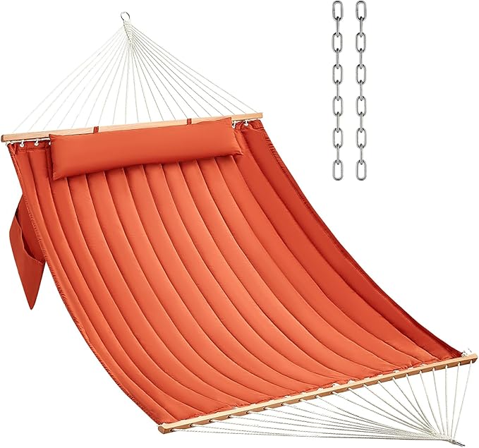 Double Quilted Fabric Hammock with Hardwood Spreader Bars and Pillow 450 LBS Capacity 2 Person Large Hammock for Outdoor Patio Backyard Poolside - Terracotta
