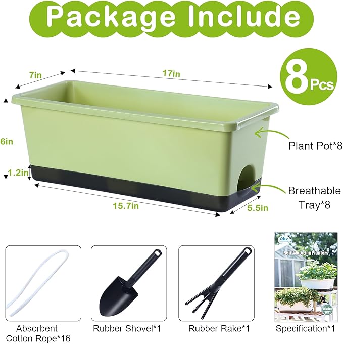 Window Box Planter 8 Pcs, 17 Inches Rectangle Flower Pots with Drainage Holes and Trays, Vegetable Planters for Windowsill Patio Garden Balcony Home Porch Yard Indoor Outdoor (Light Green)