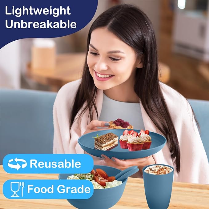 Premium Wheat Straw Dinnerware Sets for 4, Reusable Plastic Dinner Plates, Unbreakable Plates and Bowls Sets 20-Piece, Dishwasher & Microwave Safe - Blue