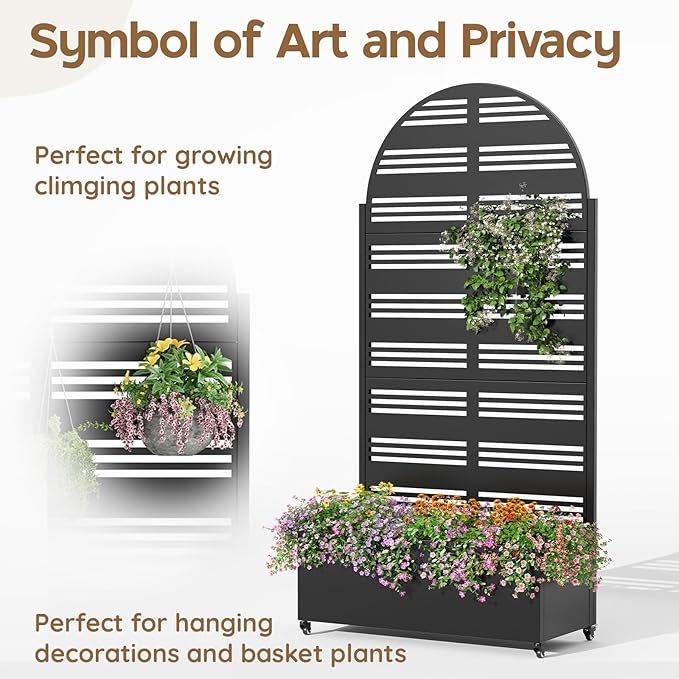 Metal Raised Garden Bed with Trellis & Wheels,70" x 35"x 15.7" Planter Box with Trellis,Privacy Planters for Patio,Garden Bed for Climbing Plants,Suitable for Climbing Plants and Vegetables,Black