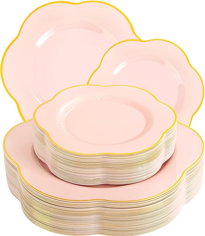 Liacere 50PCS Pink Plastic Plates - Heavy Duty Pink Disposable Plates - Pink and Gold Plastic Plates Include 25PCS Pink Dinner Plates,25PCS Pink Dessert Plates for Mother's Day& Baby Shower Gifts