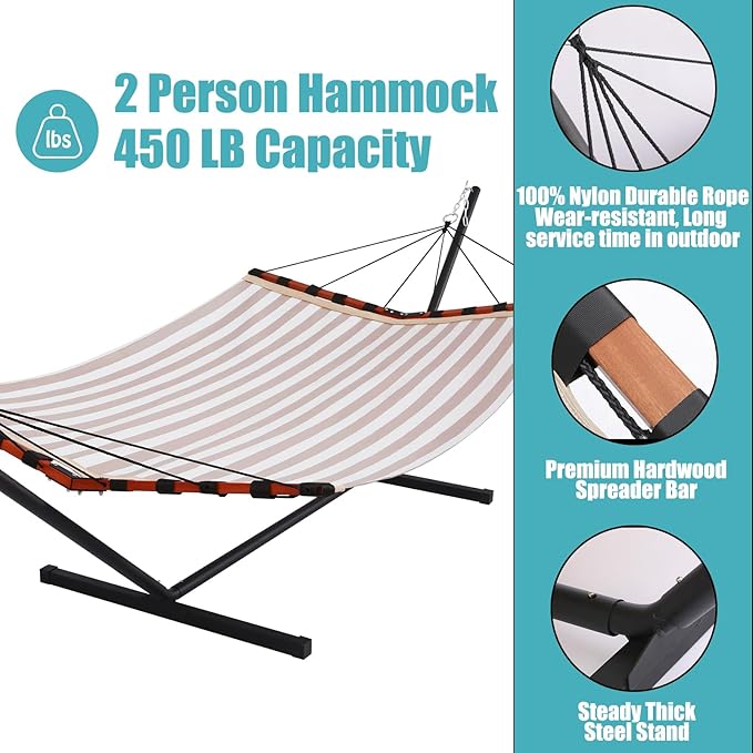 TegerDeger 12FT 2 Person Hammock with Stand Included 55 x 79IN Large Hammock Quick Dry 450LB Capacity with V Shaped Hardwood Spreader Bar & Nylon Rope for Outside, Patio, Garden - Tender Beige Stripes