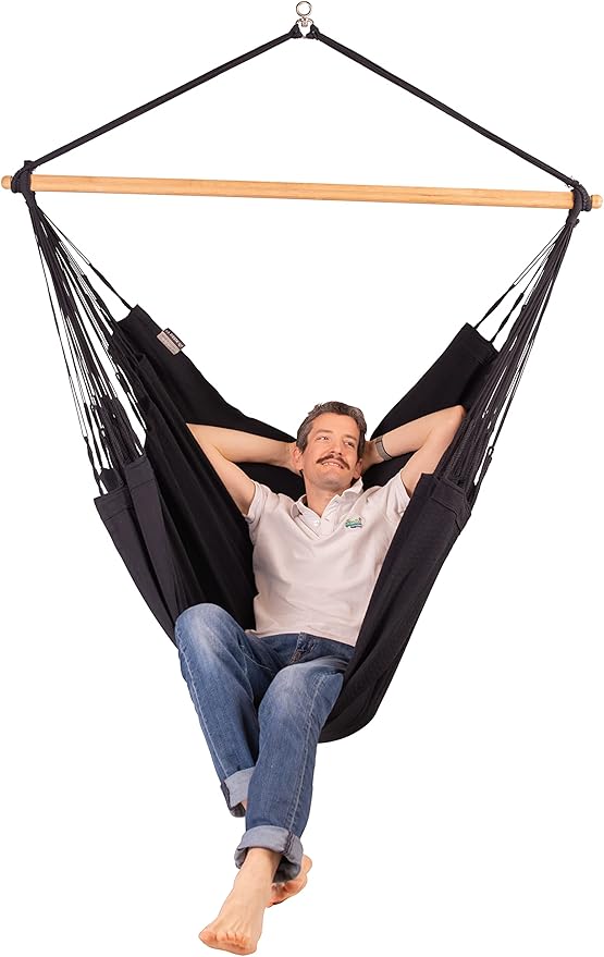 LA SIESTA Habana Hammock Chair, Indoor or Outdoor, Ideal for Sitting or Lying Down, Cotton Hammock, Patio, Swinging Chair, Boho, Max 355 Lbs, King, Onyx