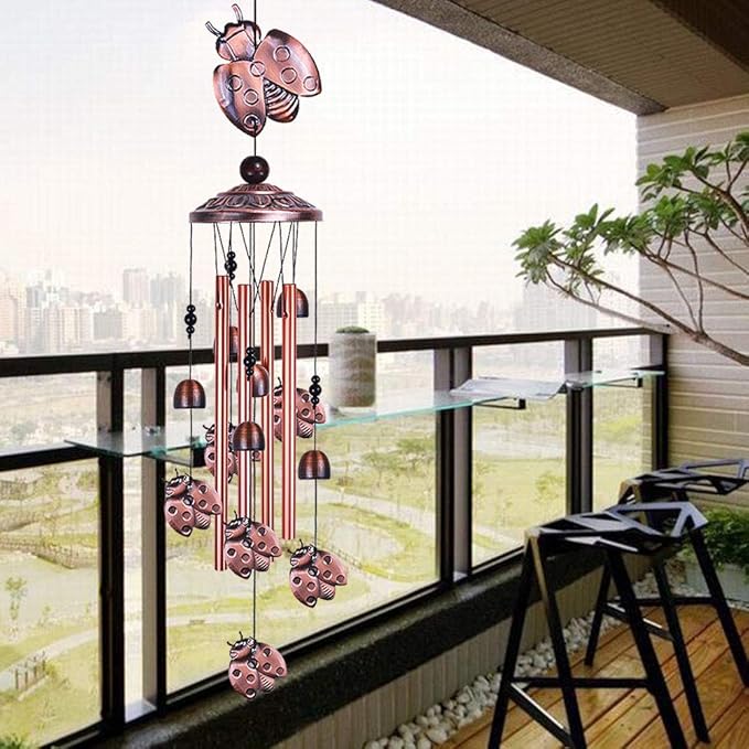 Ladybug Wind Chimes Outdoor Decor - with 4 Tubes 6 Bells 7 Ladybugs 36In Waterproof Mobile Romantic Wind Catcher Ladybug Windchimes for Home, Xmas Mom Gifts, Festival, Balcony, Garden Decoration