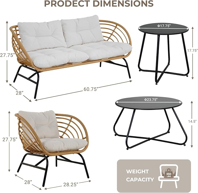 Grand patio 5-Piece Boho Outdoor Furniture Set, Wicker Sofa Set with Beige Thick Cushions and 2 Coffee Tables, Conversation Set for Backyard,Balcony,Poolside