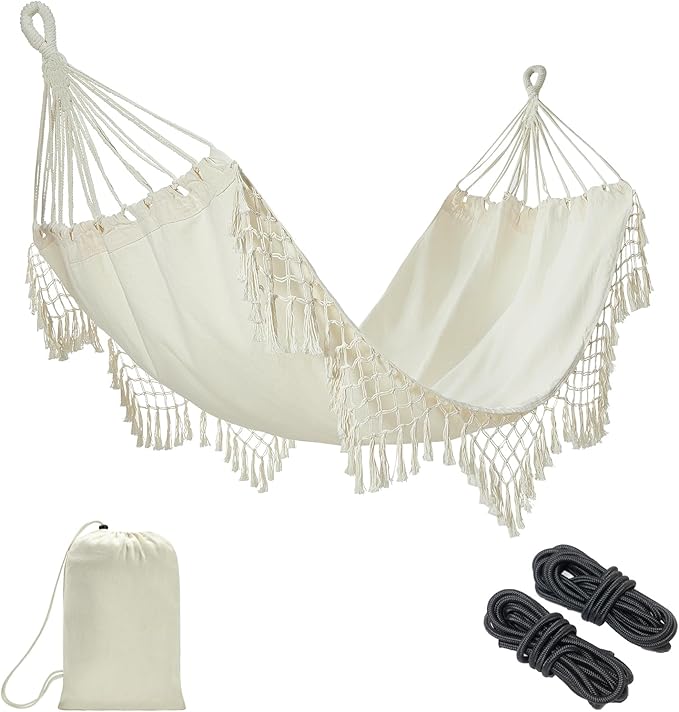 JoyView Boho Macrame Single Hammock with Hanging Ropes & Elegant Tassels 78.8x39.4 Portable Cotton Hammock for Patio Backyard Porch 300LBS Weight Capacity Perfect for Outdoor/Indoor - Beige Color