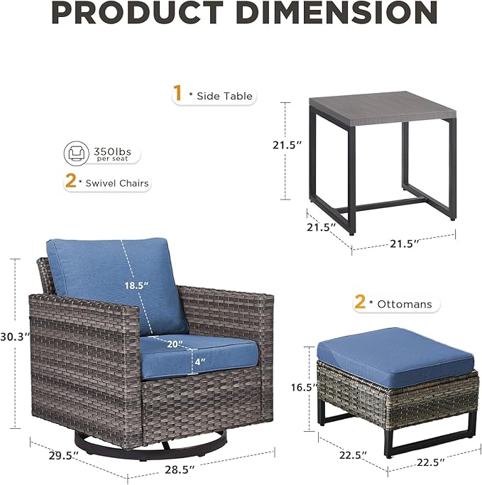Patio Furniture Set with Swivel Chairs-5 Piece Outdoor Swivel Rocker Patio Chairs with Ottomans Rattan Side Table, Comfy Cushion Outdoor Furniture Set for Porch Deck Garden Backyard(Grey/Blue)