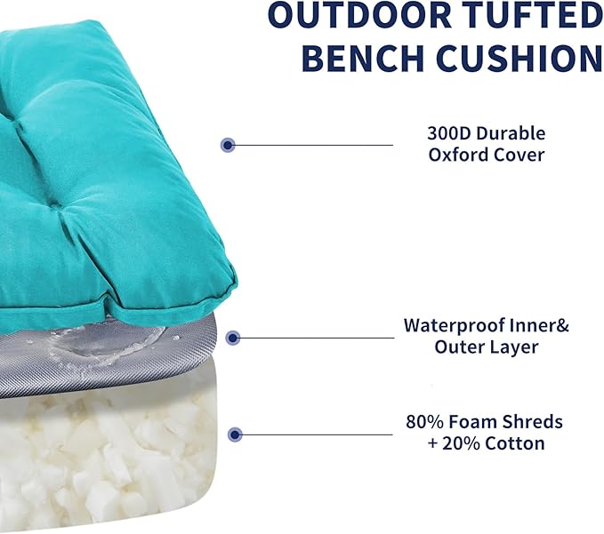 Outdoor Bench Cushion, 59x18x5 Inch, Waterproof Bench Cushion for Outdoor/Indoor Furniture, Tufted Patio Bench Seat Cushion, Fade Resistant Outdoor Cushions for Porch Swing Couch, Teal Blue