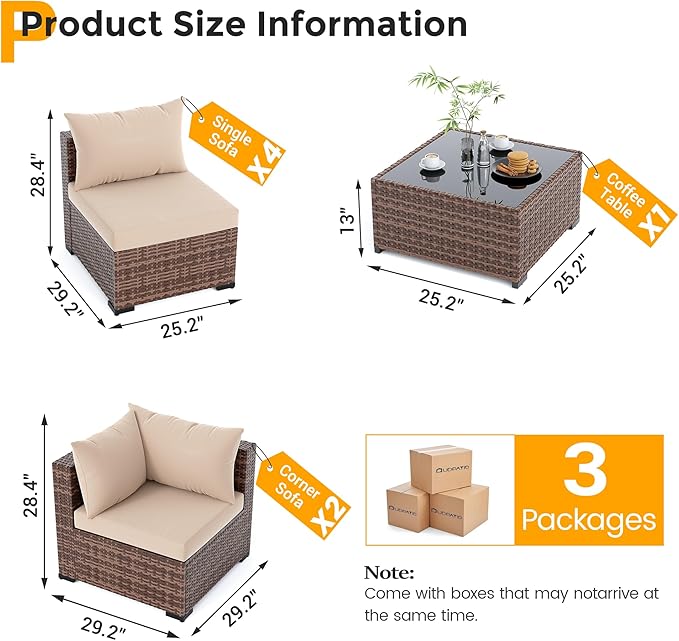 UDPATIO Patio Furniture Set, 7 Piece Outdoor Sectional Sofas with Wicker Coffee Table, Outdoor Patio Conversation Set for Garden, Backyard Khaki