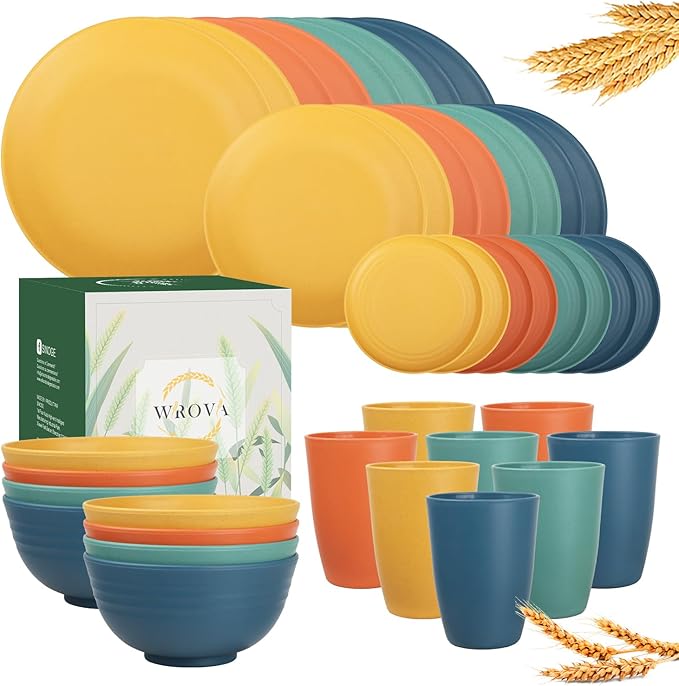 Wrova 40Pack plates and bowls sets for kids - Unbreakable wheat straw dinnerware sets service for 8 - Alternative plastic 40pcs dish sets for kitchen, camping and indoors dinning - (Colorful)