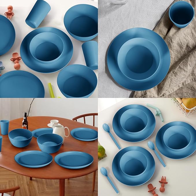 24pcs Wheat Straw Dinnerware Sets, Wheat Straw Plates and Bowls Sets for 4 Microwave Dishwasher Safe Lightweight （Blue）