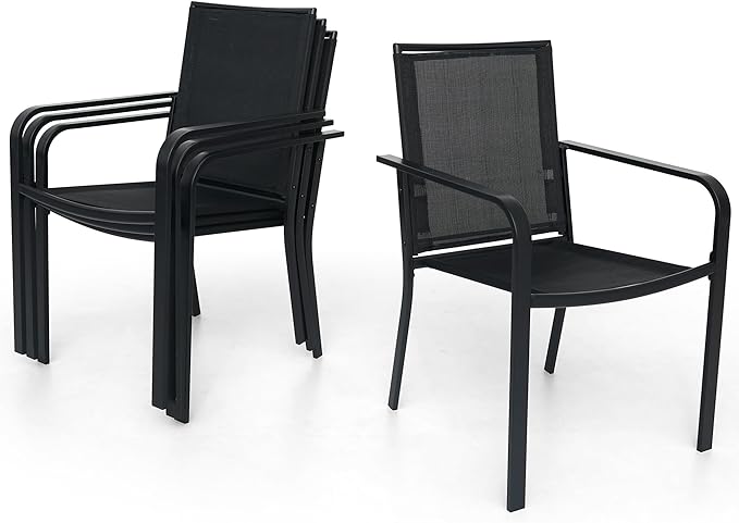 5-Piece Outdoor Patio Dining Set, 40-Inch Round Glass Table with 4 Stackable Chairs, Black