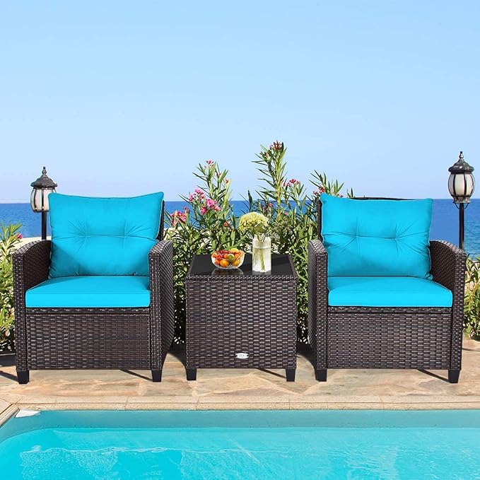 HAPPYGRILL 3 Pieces Patio Conversation Set, Outdoor Furniture Set PE Rattan Sofa Set with Removable Cushions, PE Wicker Chairs with Tempered Glass Side Table for Porch Lawn Garden Balcony Backyard