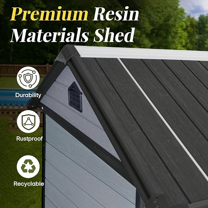 8x6ft Resin Outdoor Storage Shed with Floor and 2 Windows, Plastic Sheds & Outdoor Storage Clearance for Patio Furniture, GardenTools, Bike Accessories and Lawn Mower, Black+Grey