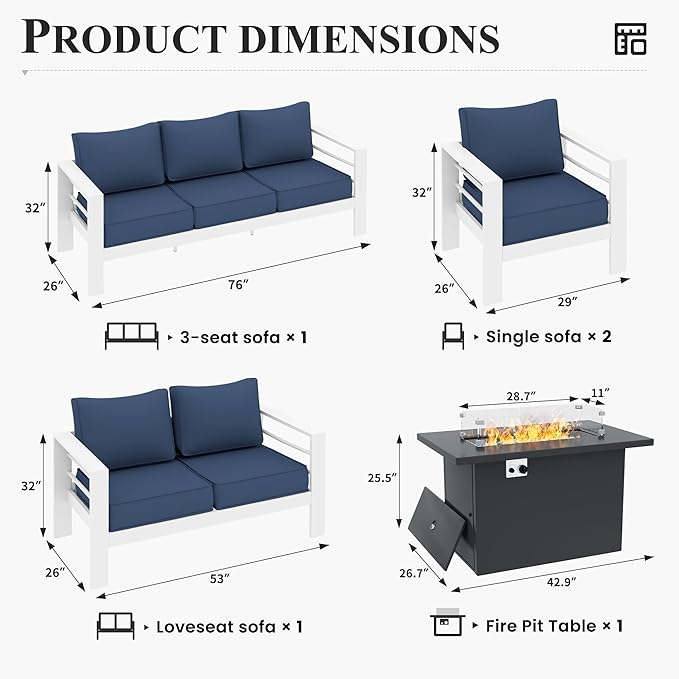 Patio Furniture Set with Fire Pit Table, Aluminum Patio Furniture Set,Blue Outdoor Metal Sectional Sofa with Aluminum Fire Pit Table for Garden Backyard (Include Waterproof Cover)