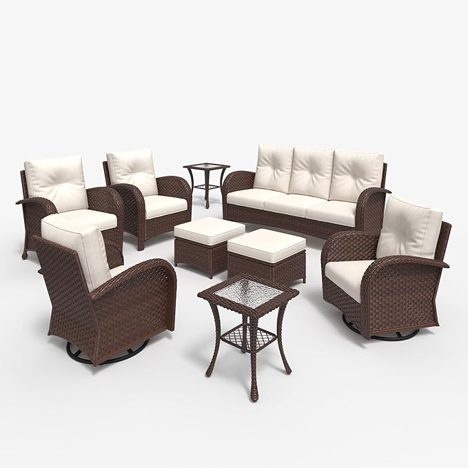 LayinSun 9 Pieces Outdoor Patio Furniture Set, Rattan Wicker Sectional Swivel Rocker Chairs Sets