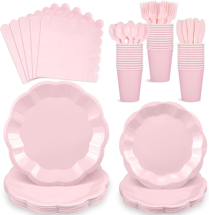 175 Pcs Light Pink Plates and Napkins Set, 25 Guest Pink Party Supplies Include Scalloped Plate Napkin Cup Forks Knives Disposable Plastic Cutlery for Wedding Baby Shower Birthday Party