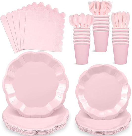 175 Pcs Light Pink Plates and Napkins Set, 25 Guest Pink Party Supplies Include Scalloped Plate Napkin Cup Forks Knives Disposable Plastic Cutlery for Wedding Baby Shower Birthday Party
