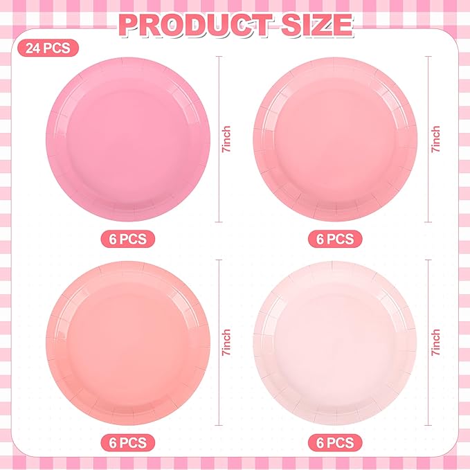 Pink Paper Plates Gradient Pink Party Plates 7”Disposable Round Dessert Plates for Birthday Wedding Bridal Engagement Baby Shower Party Supplies 4 Colors (24)