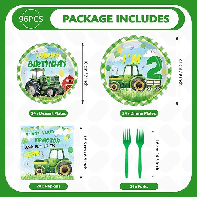 Grencian 96Pcs Tractor Birthday Decorations for Boys Farm Tractor 2nd Birthday Plates and Napkins Tableware Sets Tractor Lawn Party Decorations for Baby Shower Two Years Old Party Supplies Serves 24