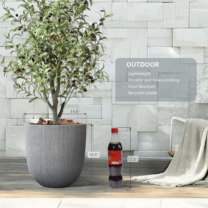 14.8" Tall Round Plastic Planter for Indoor Outdoor Plants, Large Indoor Outdoor Plant Pots with Drainage Hole and Plug, Flower Pots for Plants, Modern Decorative Planter Pots for Home Garden Patio