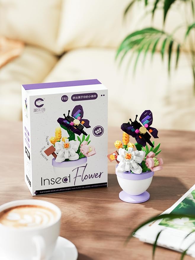 Purple Butterfly White Flower Mini Flower Cute Insects Potted Plant Bonsai Building Toy Blocks Particle Set Small Flowers Botanical