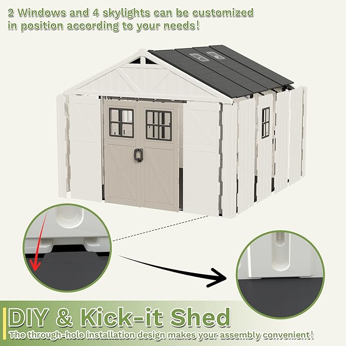 Greesum 10x10 FT Plastic Outdoor Storage Shed with Floor, Resin Sheds with Windows and Skylights, Weather Resistant Organization with Lockable Door, for Garden, Lawn, Pool Supplies, Beige