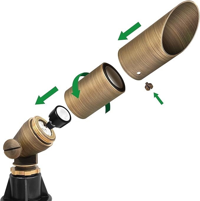 GKOLED Low Voltage Solid Brass LED Spotlight, Outdoor Waterproof Landscape Lighting with MR8 Bulb, Adjustable Uplights with Stake for House Garden Trees Lawn Patio Yard Fence, 3W 12V 180LM 2700K