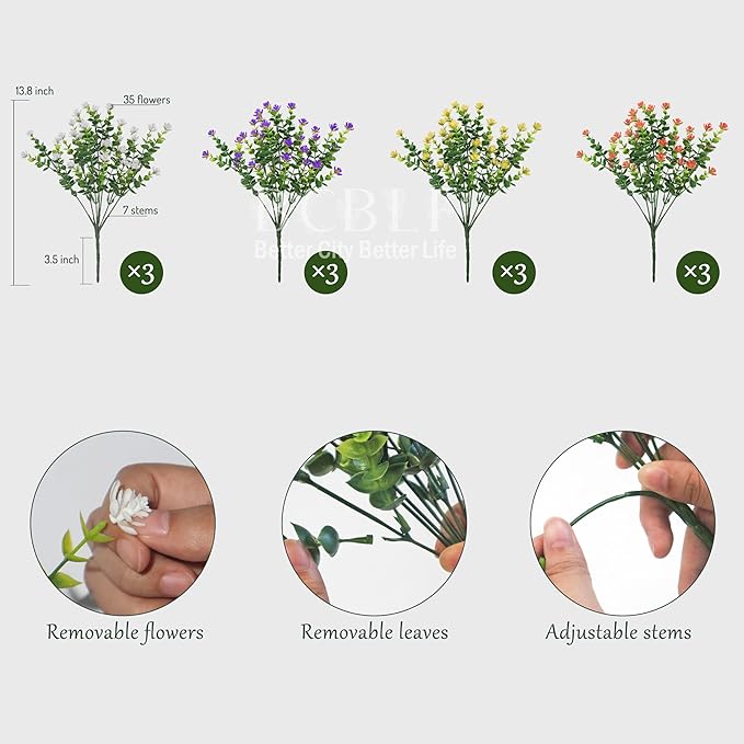 Artificial Flowers for Outdoors, 12 Bundles UV Resistant Realistic Faux Plants for Outside Porch Planter, Spring Summer Home Garden Decoration