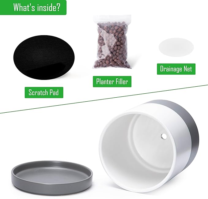 D'vine Dev 8.2 Inch & 10 Inch Ceramic Planter Pot for Plants with Drainage Hole and Saucer, Large Plant Pots Set, White/Speckled Grey, 94-G-L-6