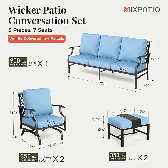 Patio Furniture Set 5 pcs, Outdoor Patio Furniture, 3-Seat Sofa, 2 Rocking Chairs, 2 Ottomans and 5.75" Extra Thick Cushion, Patio Conversation Set for Garden Backyard Deck,Blue
