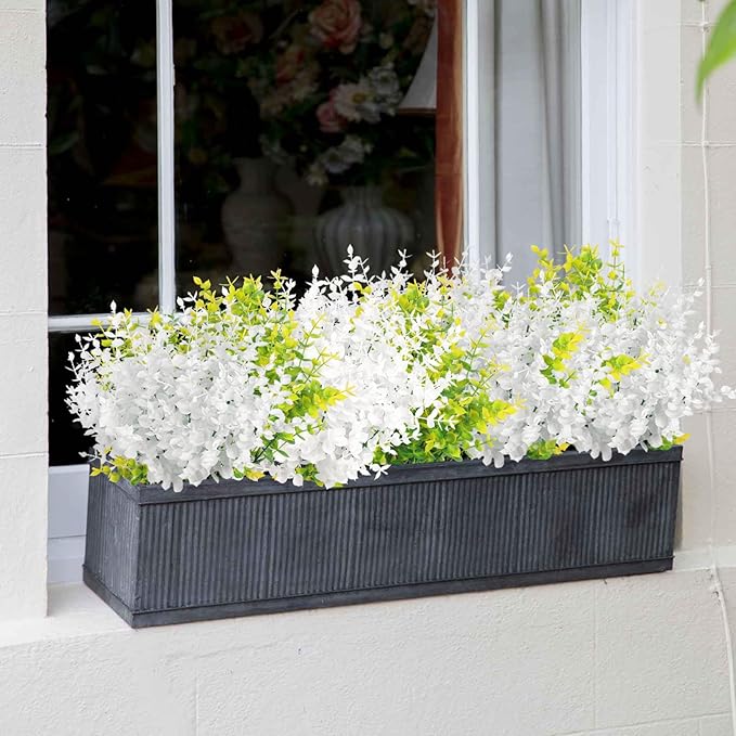 Artificial Fake Outdoor Plants Flowers for Spring Decoration, Faux Plastic Plants Outdoor Flowers UV Resistant Realistic for Home Outside Planter Window Porch Patio Garden(Pure White Eucalyptus)